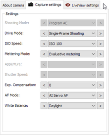 Camera settings window